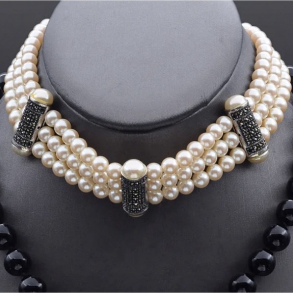 Judith Jack Sterling with Marcasite and Faux Pearl Set (choker & earrings) - Picture 2 of 8